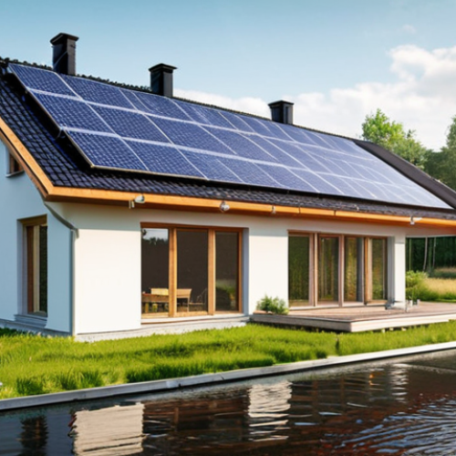 **

A modern, eco-friendly house in the Polish countryside, featuring solar panels on the roof and a rainwater harvesting system. The house is surrounded by lush greenery, showcasing its integration with the natural environment. The style should be bright and inviting, emphasizing sustainable living in Poland.

**